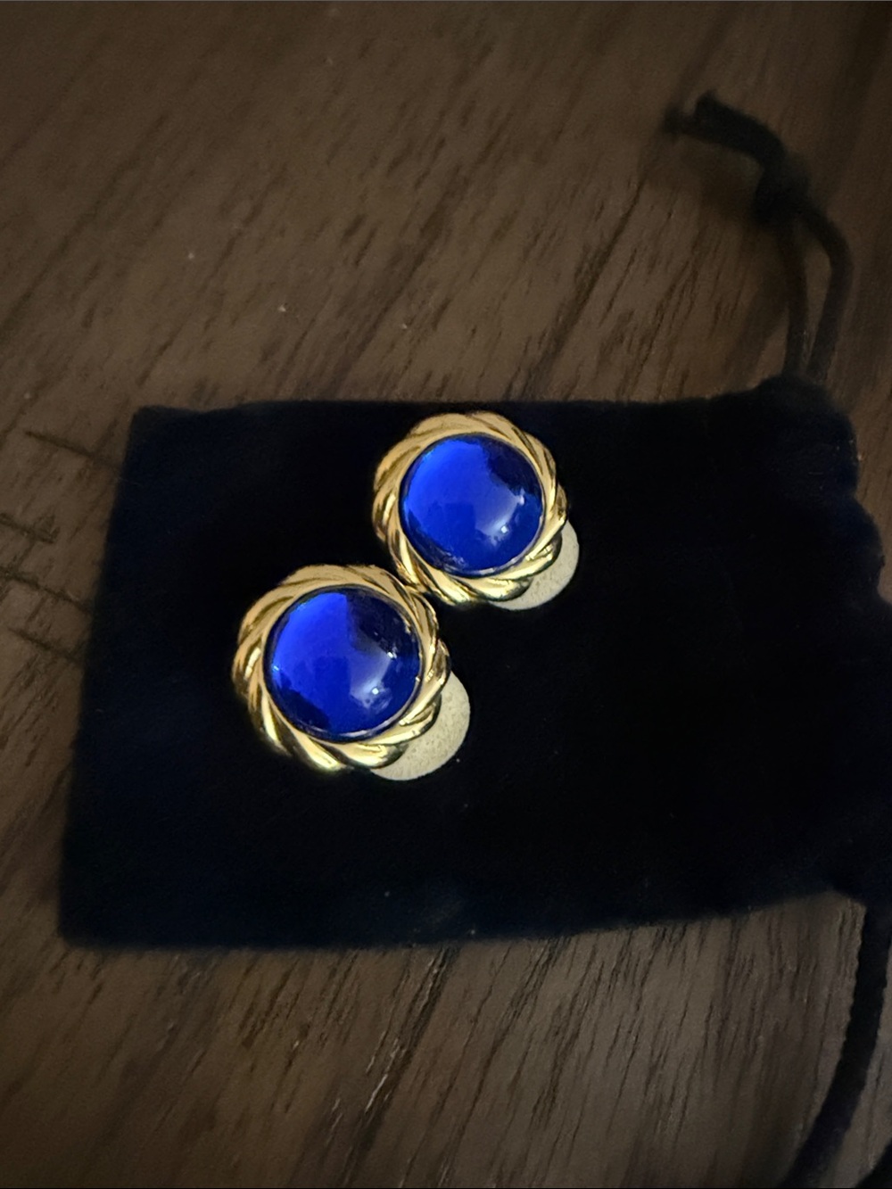 Gold-Tone Clip on Earrings with Deep Blue Cabochon